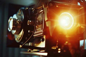 Aufkleber - A close-up view of a camera with a bright light. This versatile image can be used to represent photography, technology, creativity, or capturing memories.