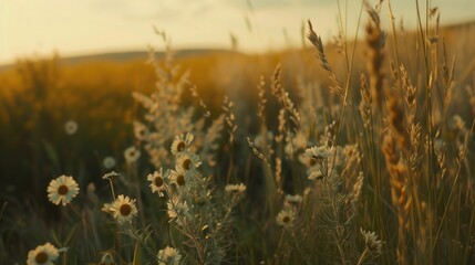 Wall Mural - A picturesque field filled with tall grass and vibrant wildflowers. Perfect for nature enthusiasts and those seeking a serene backdrop for their designs