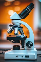 Wall Mural - A close-up view of a microscope placed on a table. This image can be used for scientific research, education, or laboratory-related concepts