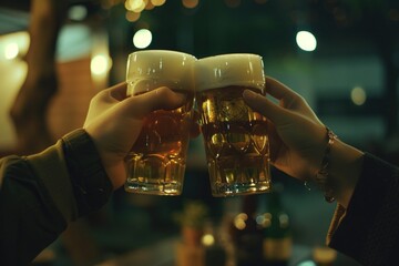 Wall Mural - Two people celebrating and toasting with beer glasses at a bar. Perfect for illustrating socializing, friendship, and nightlife scenes