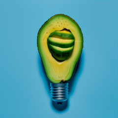 Creative avocado light bulb. Minimal food concept. The concept of renewable energy and environmental care.