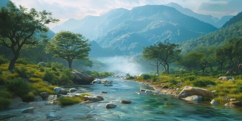 Aufkleber - A serene painting of a river flowing through a vibrant green forest. Perfect for nature enthusiasts and those looking for a peaceful and calming atmosphere in their designs