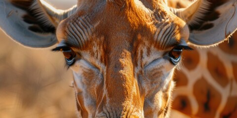 Aufkleber - A close-up view of a giraffe's face with a blurry background. Perfect for nature enthusiasts and animal lovers