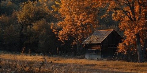 Poster - An old barn standing in a field with trees in the background. This image can be used to depict rural landscapes or the beauty of nature