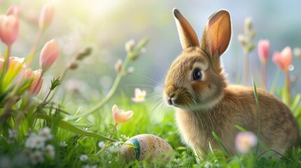 Poster - A rabbit sitting in the grass next to an egg. This image can be used for Easter-themed designs or to symbolize new beginnings