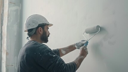 Aufkleber - A man is shown using a paint roller to paint a wall. This image can be used for various purposes, such as home improvement, renovation, or DIY projects
