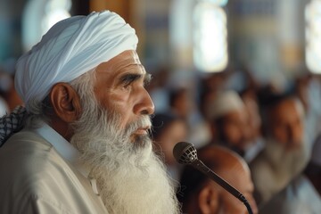 Poster - A man wearing a turban is speaking into a microphone. This image can be used to depict public speaking, presentations, or cultural diversity