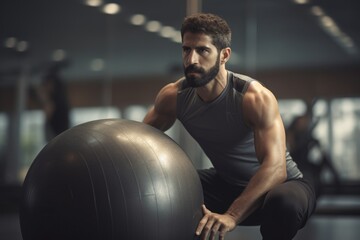 Poster - A man squatting on an exercise ball in a gym. This image can be used to depict fitness, balance, core strength, and workout routines