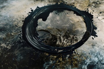 Poster - A ring of black paint is seen on top of a dirty floor. This image can be used to represent a spill or accident on a grimy surface