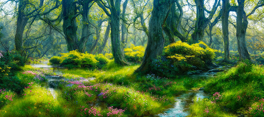 Wall Mural - Emerald green grass and moss covered forest trees, small flowing water streams with spring season wildflowers and leafy foliage, sublime natural beauty and a Idyllic outdoor scenic landscape.