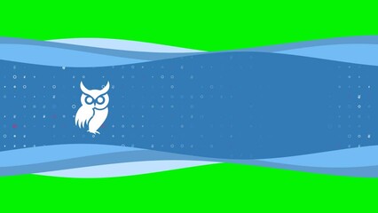 Poster - Animation of blue banner waves movement with white owl symbol on the left. On the background there are small white shapes. Seamless looped 4k animation on chroma key background