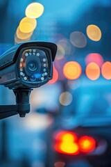 Poster - Close-up shot of a camera with blurry lights in the background. Perfect for photography enthusiasts or professionals looking for a visually appealing image to represent their passion or profession
