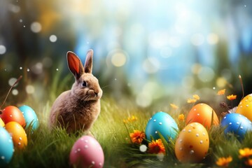 Aufkleber - A rabbit sitting in the middle of a field of colorful Easter eggs. This image can be used for Easter-themed designs and promotions