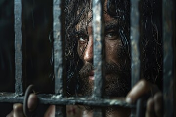 Poster - A close-up view of a person behind bars. This image can be used to depict imprisonment, confinement, or the justice system