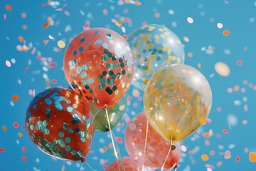 Poster - Colorful balloons floating in the sky with confetti falling. Perfect for celebratory events and parties