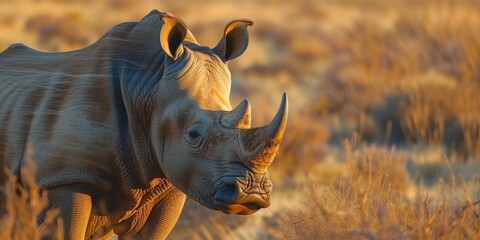 Aufkleber - A close up shot of a rhino in a field. Perfect for nature enthusiasts and animal lovers