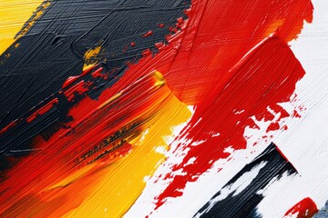 Poster - A close up view of a painting with vibrant red, yellow, and black colors. Suitable for various artistic and creative projects