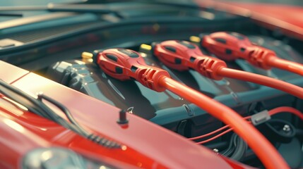 Poster - A detailed view of a car engine with vibrant red wires. Perfect for automotive enthusiasts or mechanics looking for a visually striking image to showcase the inner workings of a vehicle