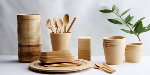 Poster - A collection of wooden utensils arranged neatly on a table. Ideal for food-related designs and kitchen-themed projects