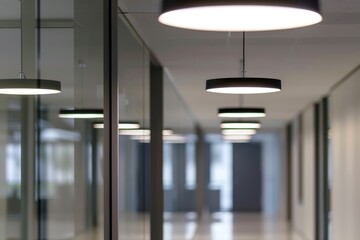 Poster - A long hallway with several lights hanging from the ceiling. Perfect for adding a touch of elegance and warmth to any space