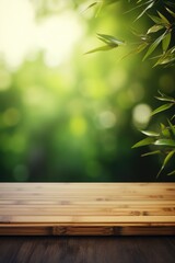 Aufkleber - A wooden table with a bamboo plant in the background. Perfect for adding a touch of nature to any space
