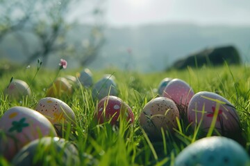 Aufkleber - A bunch of eggs sitting in the grass. Perfect for Easter-themed designs or farm-related concepts