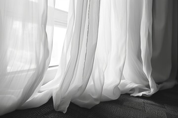 Poster - A black and white photo of a window with sheer curtains. Perfect for adding a touch of elegance to any room