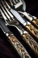 Poster - A close up of a knife, fork, and spoon. Perfect for illustrating table settings and dining experiences