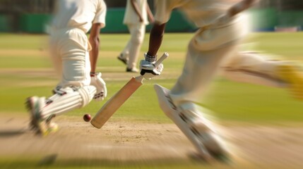 Wall Mural - Cropped image of male legs, cricket players in white uniform playing, hitting ball with bat on cricket filed.