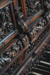 Poster - A detailed view of a wooden piano with intricate carvings. This image can be used to showcase the craftsmanship of the instrument or as a decorative element in music-related designs
