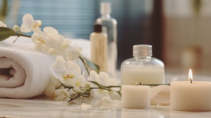 Aufkleber - A white towel sits on top of a counter next to candles. This image can be used to depict a spa or relaxation theme