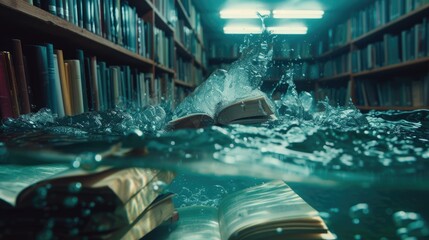 Poster - A bookshelf filled with numerous books and a container of water. This image can be used to depict knowledge, education, reading, and the importance of staying hydrated while studying or working