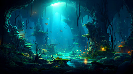 Wall Mural - Underwater landscape with fish and plants. 3d render illustration.