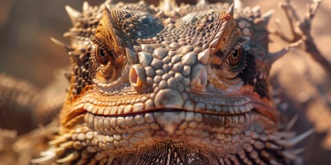 Poster - A detailed close-up of a lizard's face with a blurry background. Ideal for nature enthusiasts and reptile lovers