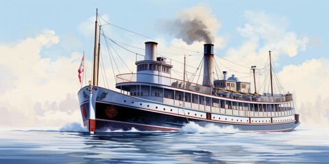 Poster - A painting of a steam ship floating on calm water. Suitable for travel brochures and maritime-themed designs