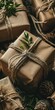 Rustic Christmas Gift Packages: Hand-Made Craft Paper Wrapping with Vintage Decoration on Wood Background