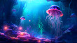 Jellyfish in the sea. 3d illustration. Underwater world.