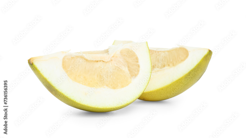 Pieces of fresh pomelo fruit on white background