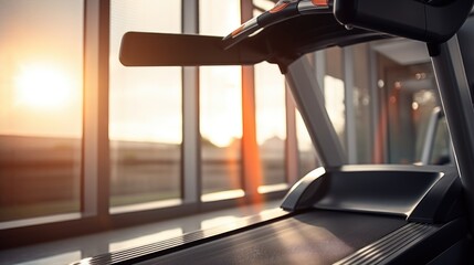 Poster - A close-up view of a treadmill positioned near a window. This image can be used to depict a fitness or exercise concept, showcasing a workout space with natural light