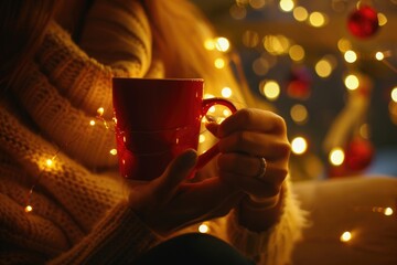 Poster - A woman holds a red coffee cup in front of a Christmas tree. This festive image can be used to add warmth and holiday cheer to any project