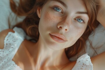 Aufkleber - A woman with freckles is seen relaxing on a bed. This image can be used to showcase natural beauty or for lifestyle and wellness-related content