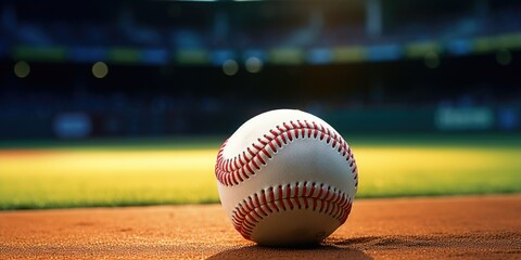 Poster - A baseball sitting on top of a baseball field. Suitable for sports and recreation concepts