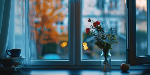 Poster - A vase of flowers sitting on a window sill. Perfect for adding a touch of nature to any interior space