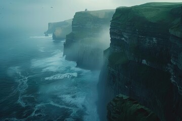 Poster - A person standing on top of a cliff next to the ocean. Perfect for travel and adventure themes