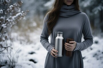 Poster - A woman in a gray dress holding a coffee mug. Perfect for lifestyle and morning routine themes