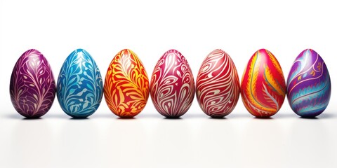 Aufkleber - A row of colorful painted Easter eggs on a white surface. Perfect for Easter-themed designs and decorations