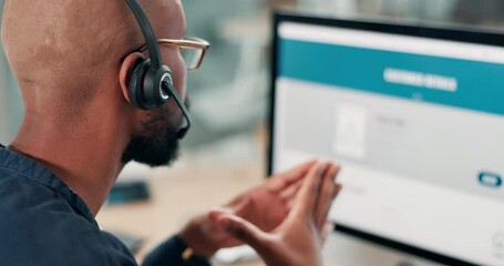 Aufkleber - Tech support, computer screen and phone call with black man, headset and consultant in customer service from back. Help, telecom and virtual assistant at callcenter with conversation at crm office.