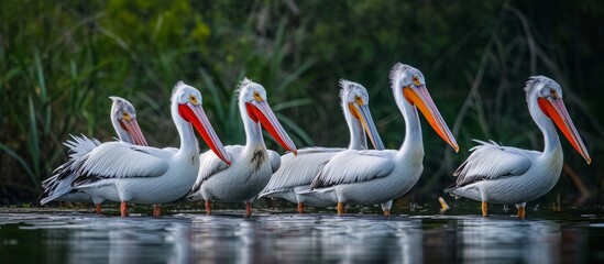 Wall Mural - A Beautiful Flock of Majestic Pekins Quacking Together on the Lake Shore