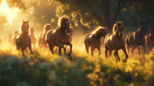 Horses Grazing Peacefully Under The Evening Sky In A Scenic Meadow