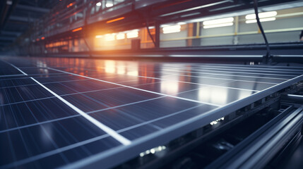 Poster - solar panels being manufactured in a factory. eco friendly green technology, go green, modern high performance solar panels production